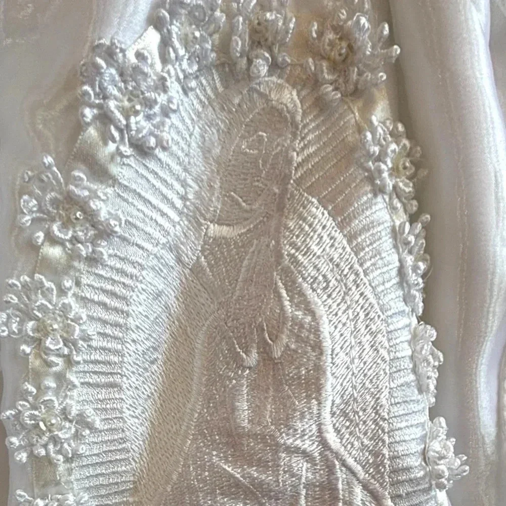 Baby 0-3 mo Alegria baptism gown w embroidered Mary. Like new cndtn.